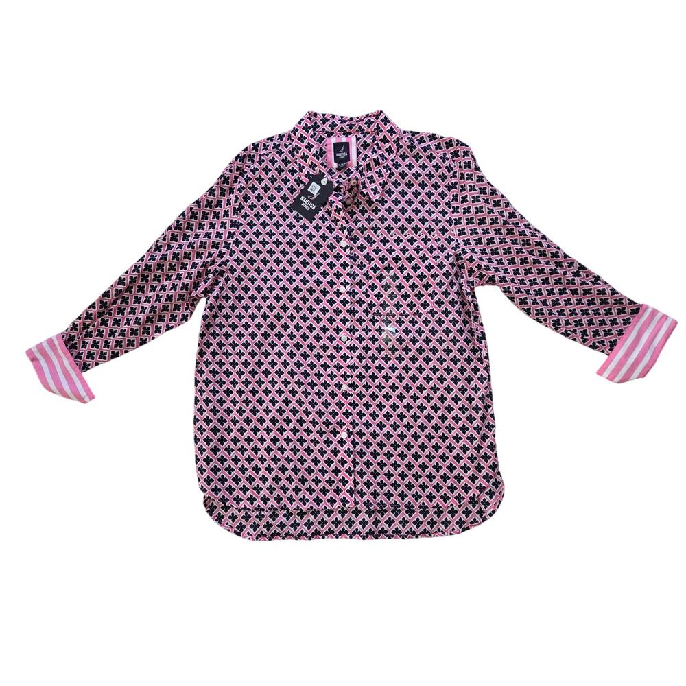 Nautica XL Graphic Modern Geometric Button Down Shirt Colorful Floral Pocket